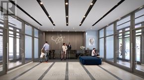 Toronto (Weston-Pellam Park) condo for rent - A modern office lobby with people conversing and a reception desk.
