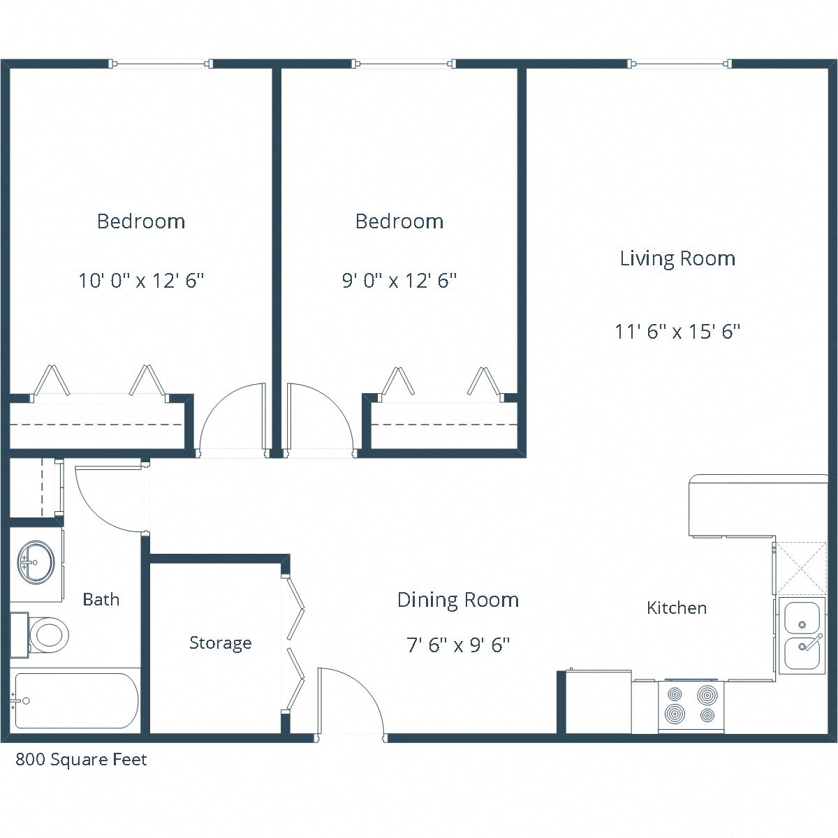 Floor plan for 2 beds, 1 bath, 900 sqft