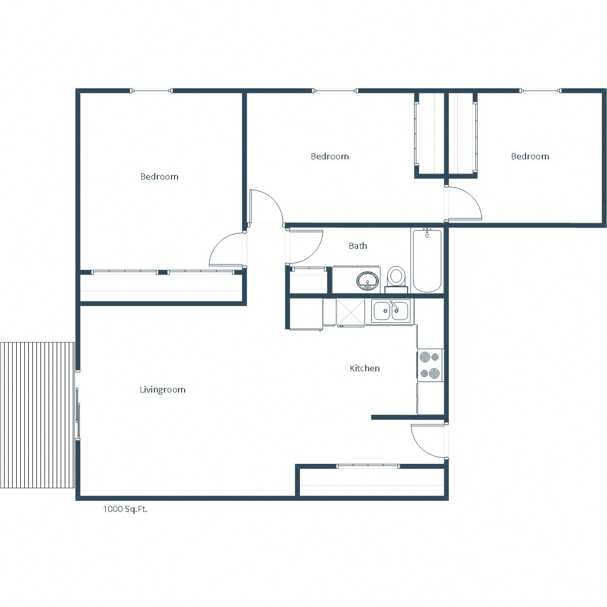 Floor plan for 3 beds, 1 bath, 1000 sqft