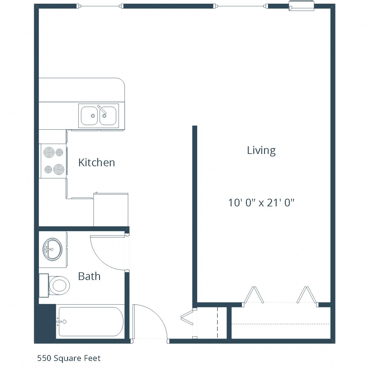 Floor plan for studio, 1 bath, 550 sqft
