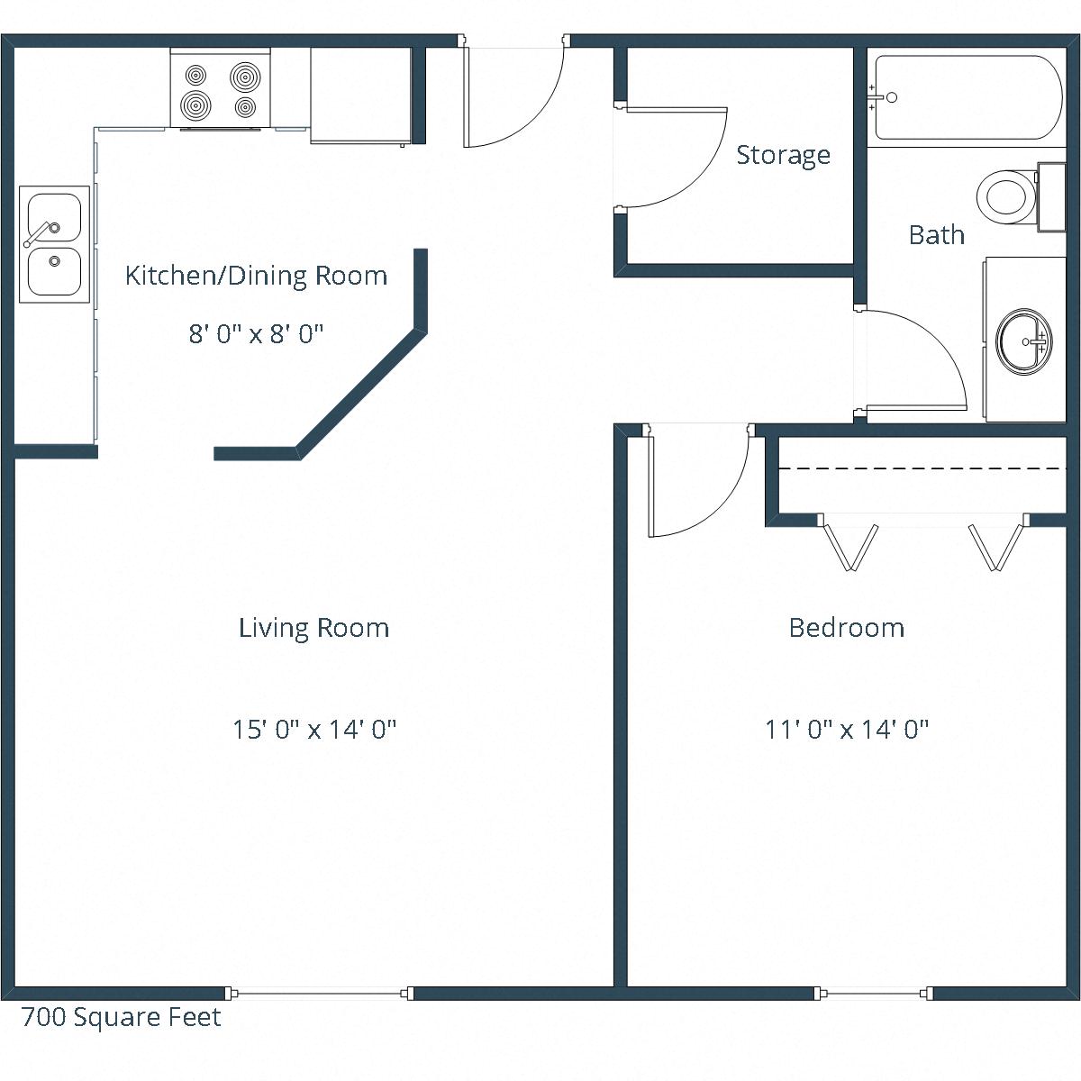 Floor plan for 1 bed, 1 bath, 702 sqft