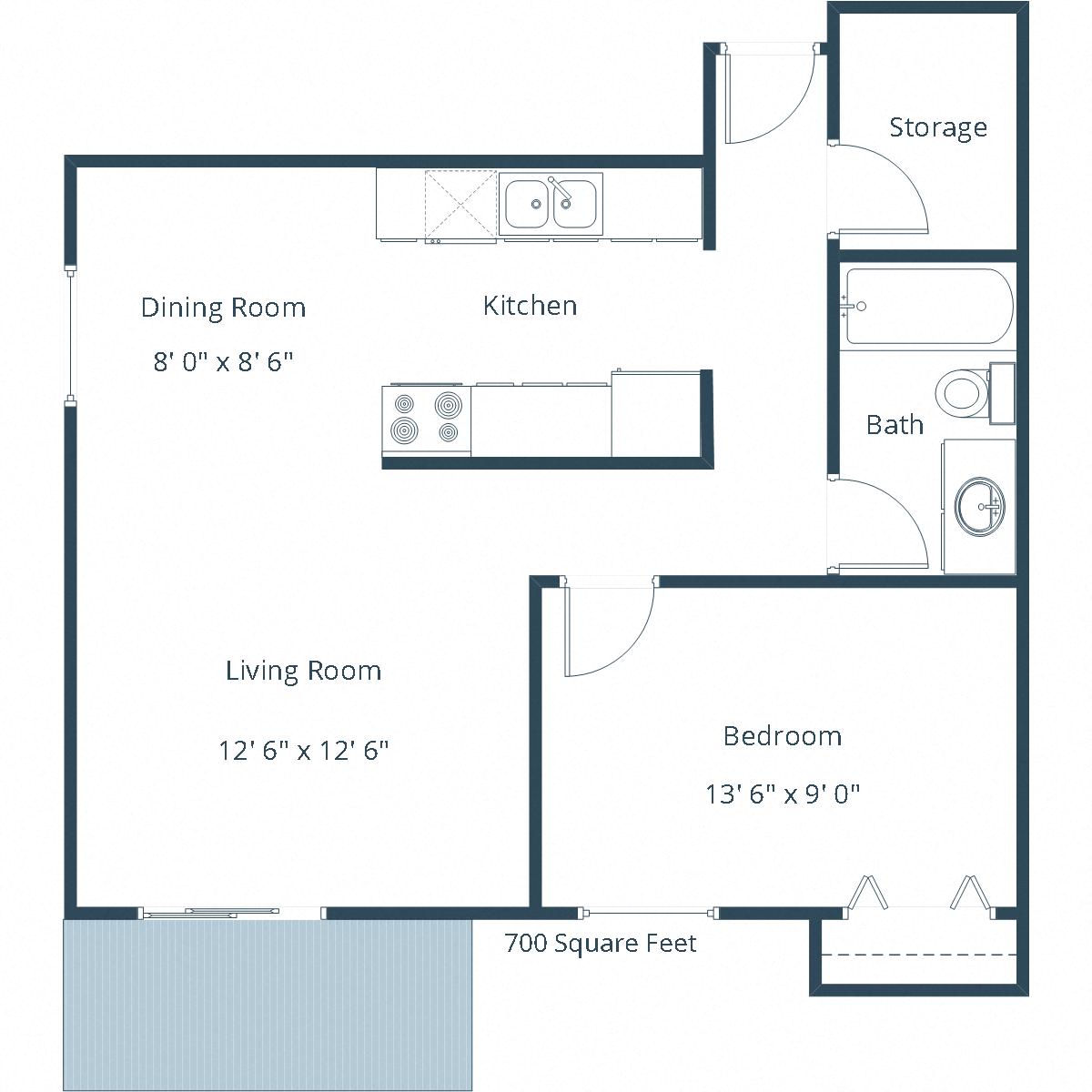 Floor plan for 1 bed, 1 bath, 700 sqft