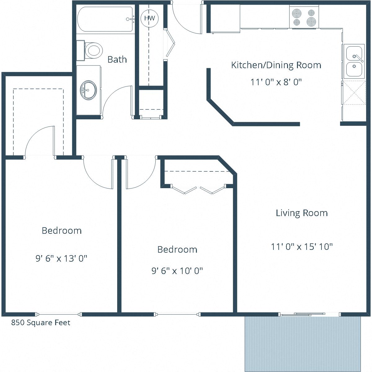 Floor plan for 2 beds, 1 bath, 850 sqft