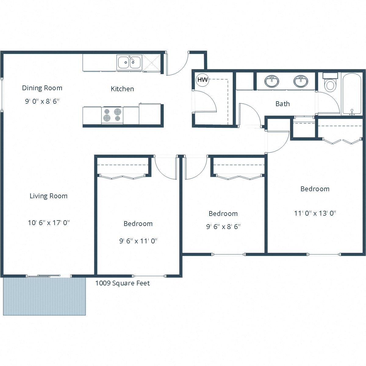 Floor plan for 3 beds, 1 bath, 1009 sqft