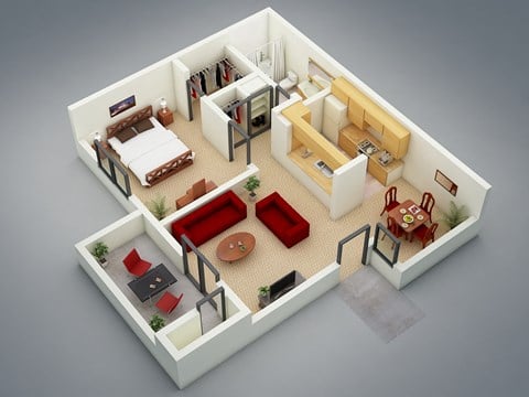 Floor plan for 1 bed, 1 bath, 615 sqft