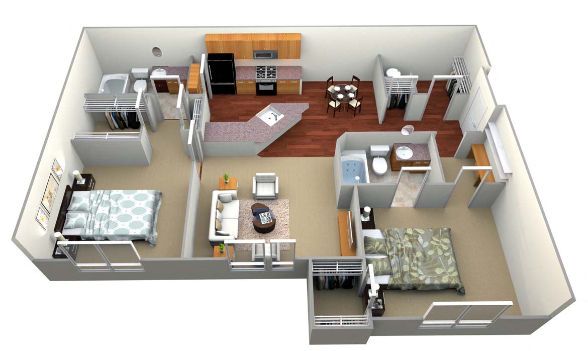 Floor plan for 2 beds, 2 baths, 1088 sqft