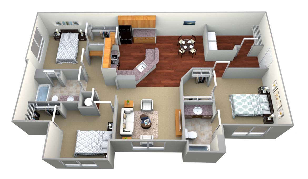 Floor plan for 3 beds, 2 baths, 1324 sqft