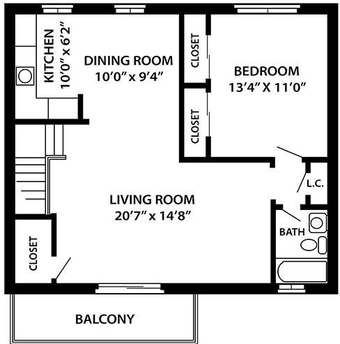 Floor plan for 1 bed, 1 bath, 795 sqft