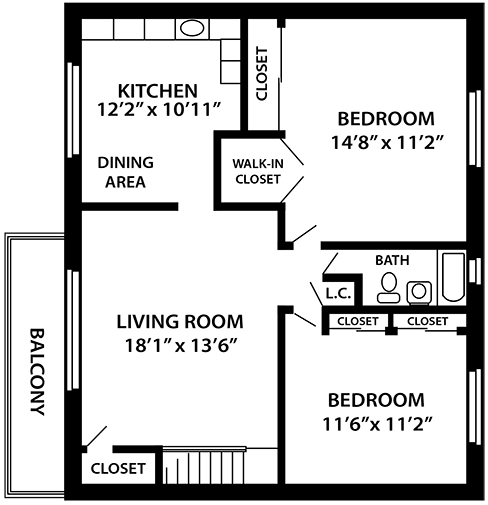Floor plan for 2 beds, 1 bath, 952 sqft