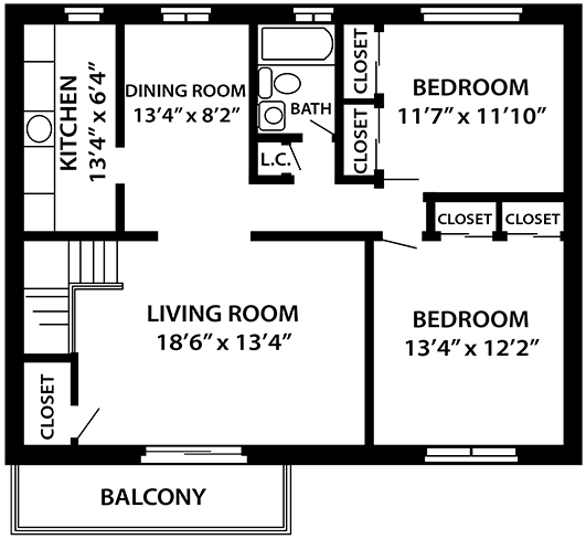 Floor plan for 2 beds, 1 bath, 998 sqft