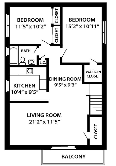 Floor plan for 2 beds, 1 bath, 998 sqft