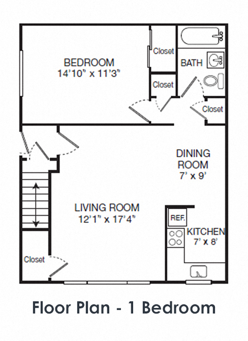 Floor plan for 1 bed, 1 bath, 724 sqft