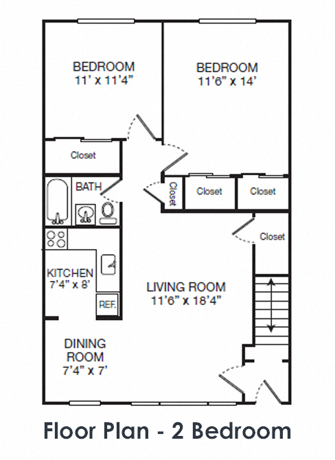 Floor plan for 2 beds, 1 bath, 857 sqft