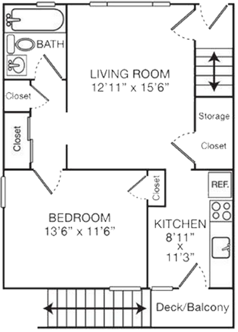 Floor plan for 1 bed, 1 bath, 740 sqft