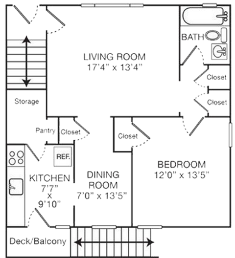 Floor plan for 1 bed, 1 bath, 850 sqft