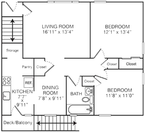 Floor plan for 2 beds, 1 bath, 1040 sqft