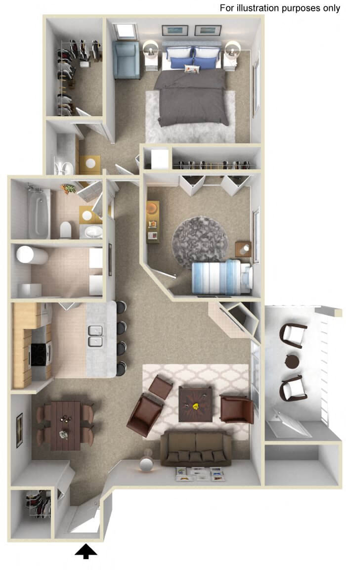 Floor plan for 2 beds, 1 bath, 1000 sqft