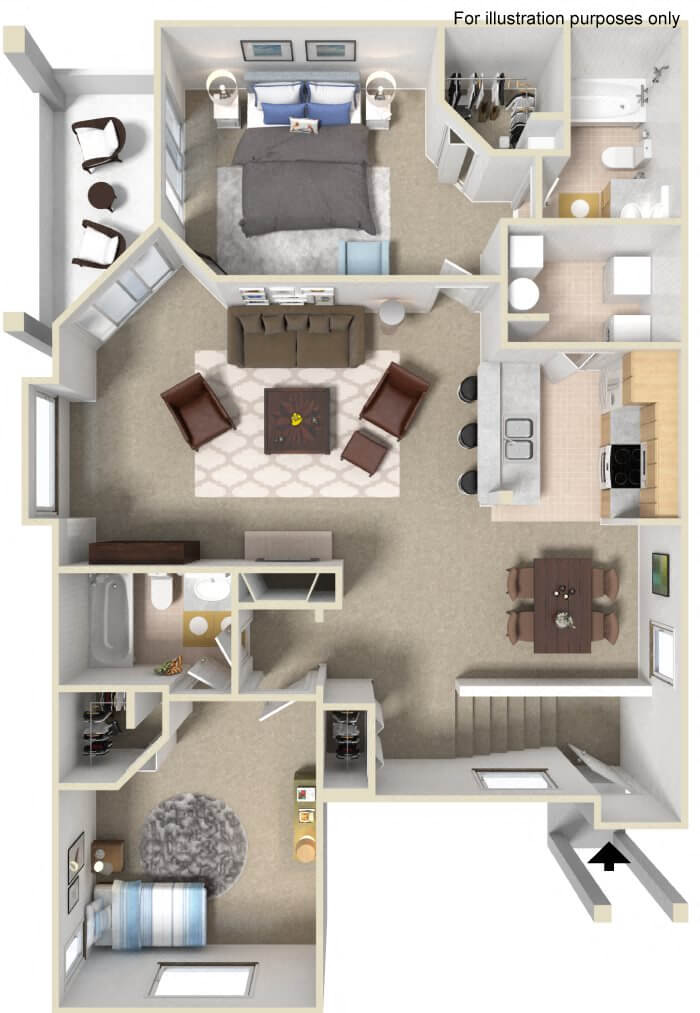 Floor plan for 2 beds, 2 baths, 1125 sqft