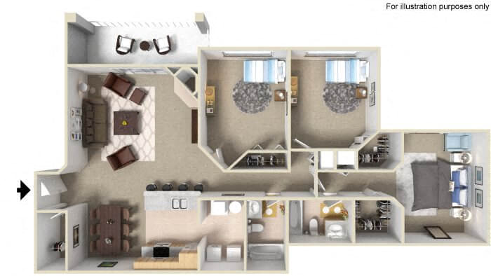 Floor plan for 3 beds, 2 baths, 1300 sqft