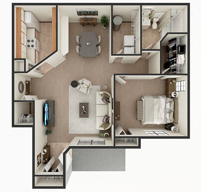 Floor plan for 1 bed, 1 bath, 904 sqft
