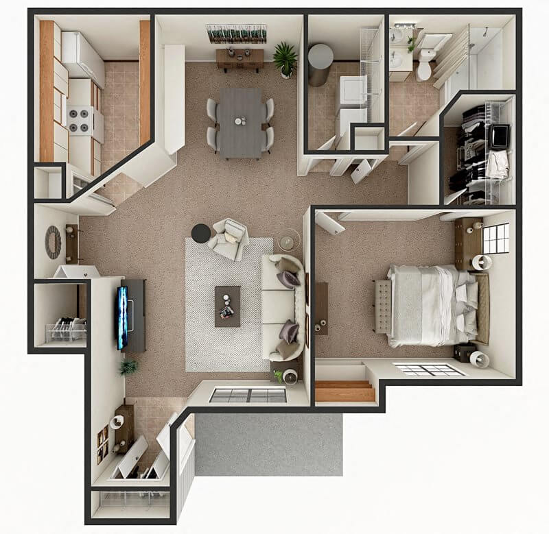 Floor plan for 1 bed, 1 bath, 924 sqft