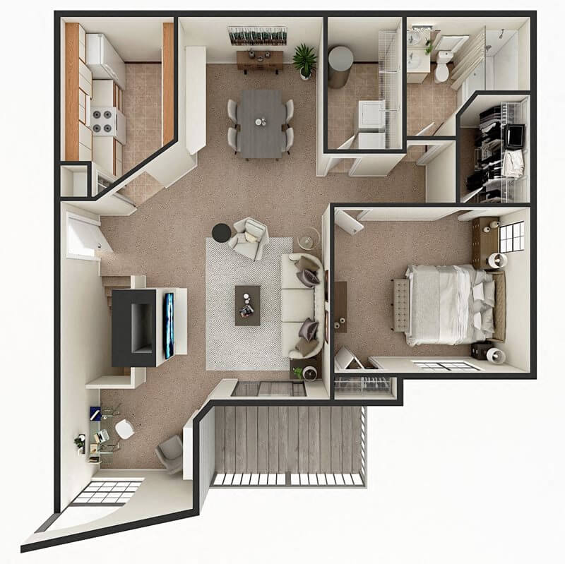 Floor plan for 1 bed, 1 bath, 958 sqft