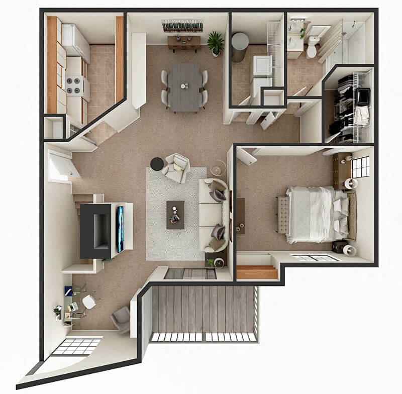 Floor plan for 1 bed, 1 bath, 974 sqft
