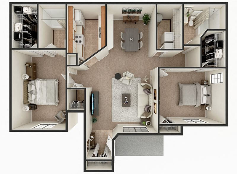 Floor plan for 2 beds, 2 baths, 1172 sqft