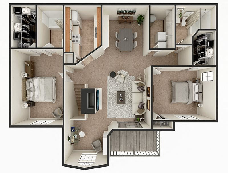Floor plan for 2 beds, 2 baths, 1226 sqft
