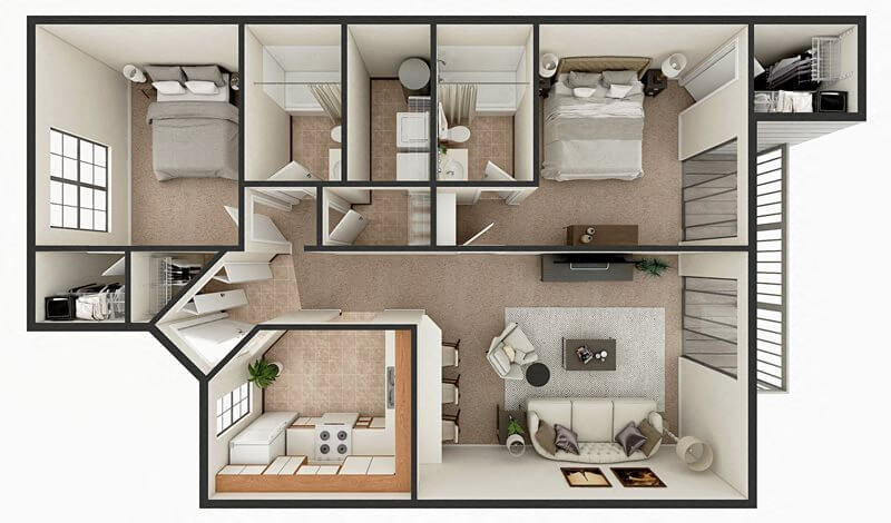 Floor plan for 2 beds, 2 baths, 1143 sqft