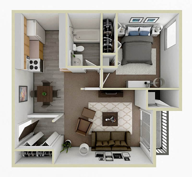 Floor plan for 1 bed, 1 bath, 690 sqft