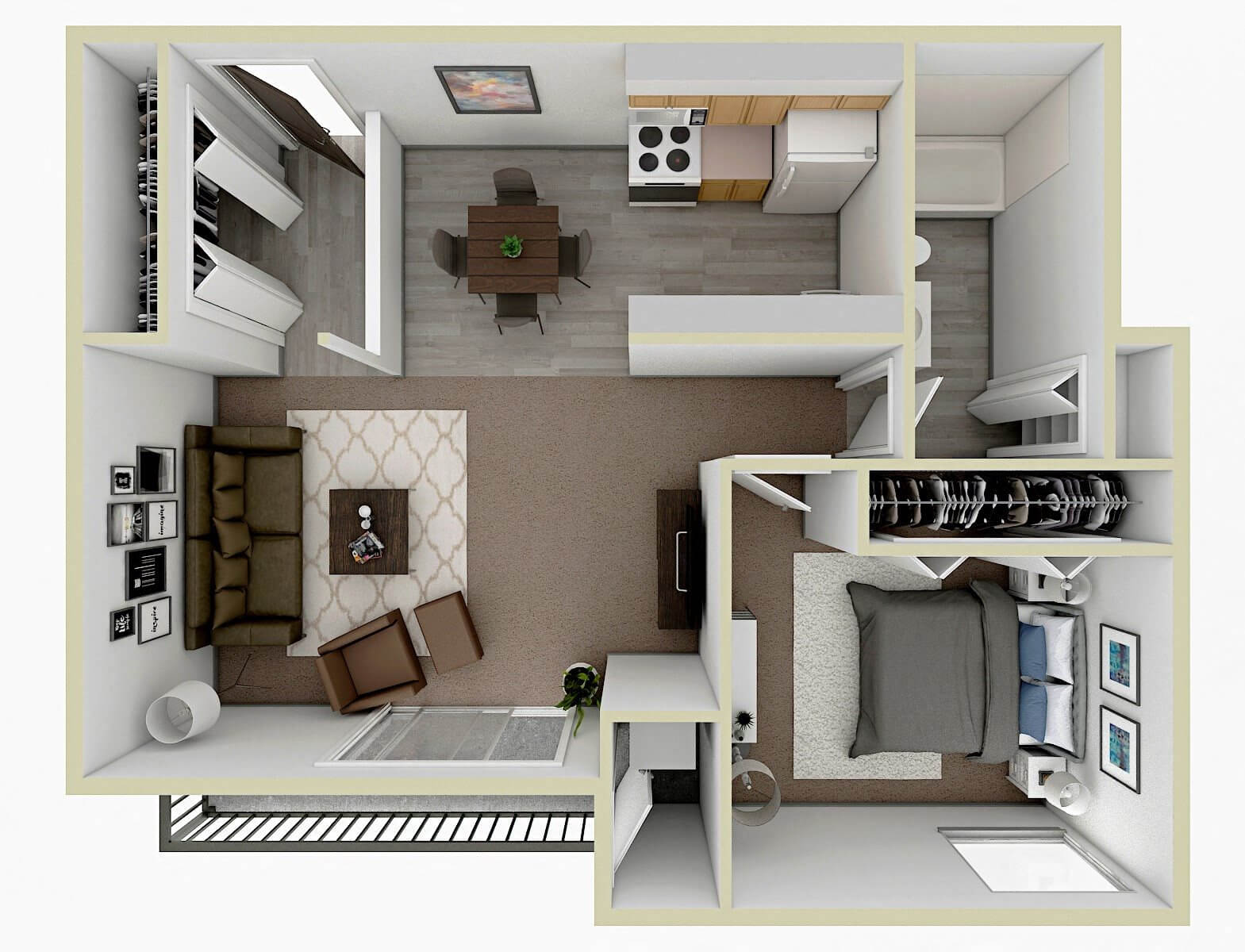 Floor plan for 1 bed, 1 bath, 742 sqft