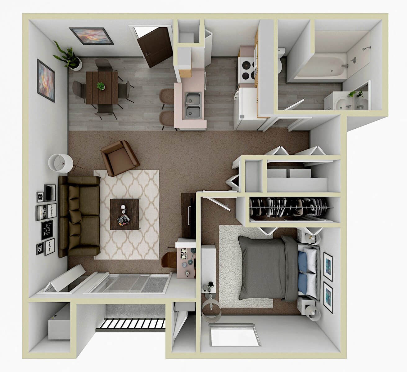 Floor plan for 1 bed, 1 bath, 757 sqft