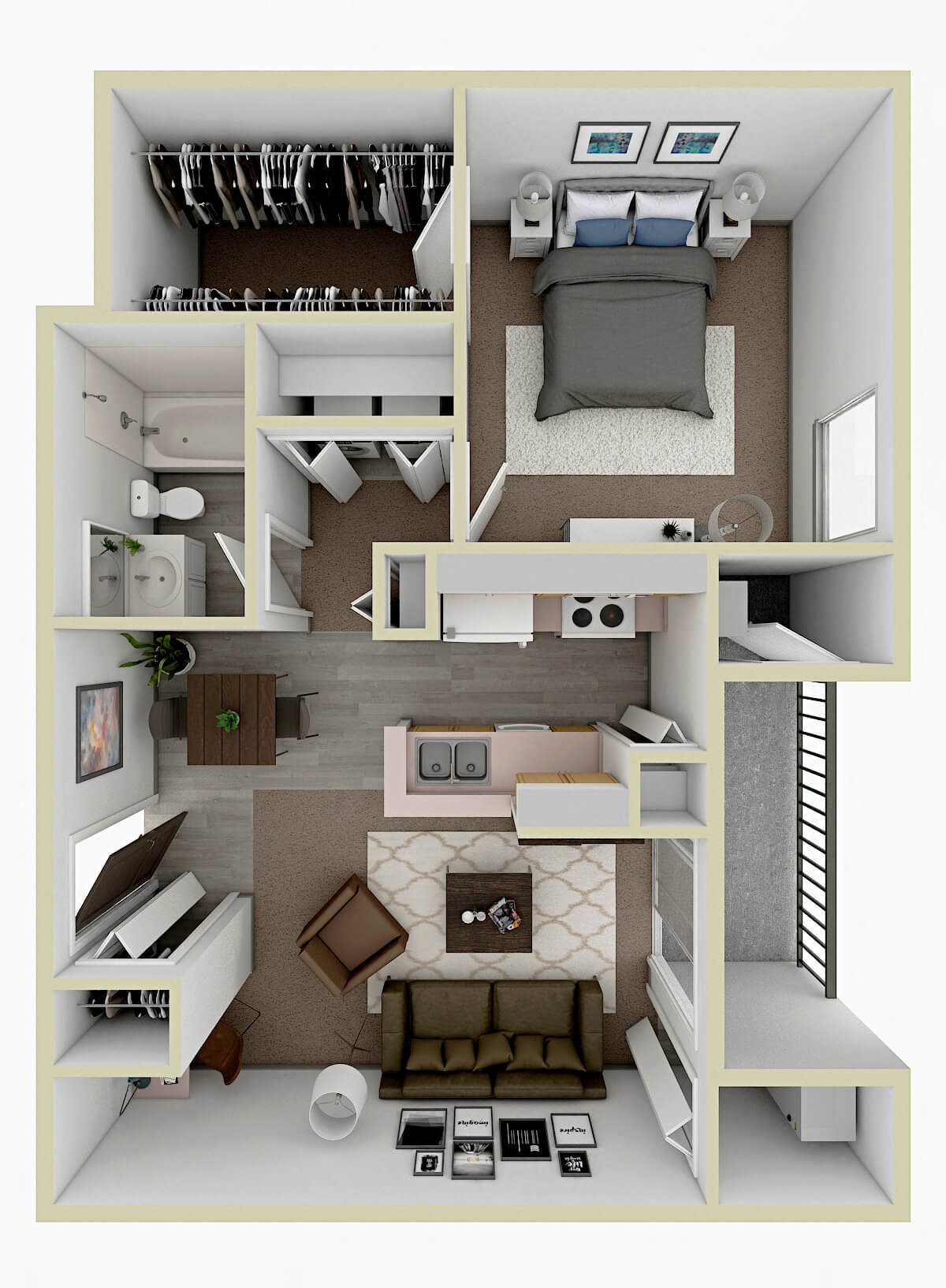 Floor plan for 1 bed, 1 bath, 767 sqft