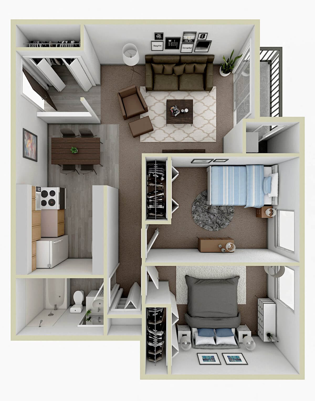 Floor plan for 2 beds, 1 bath, 792 sqft