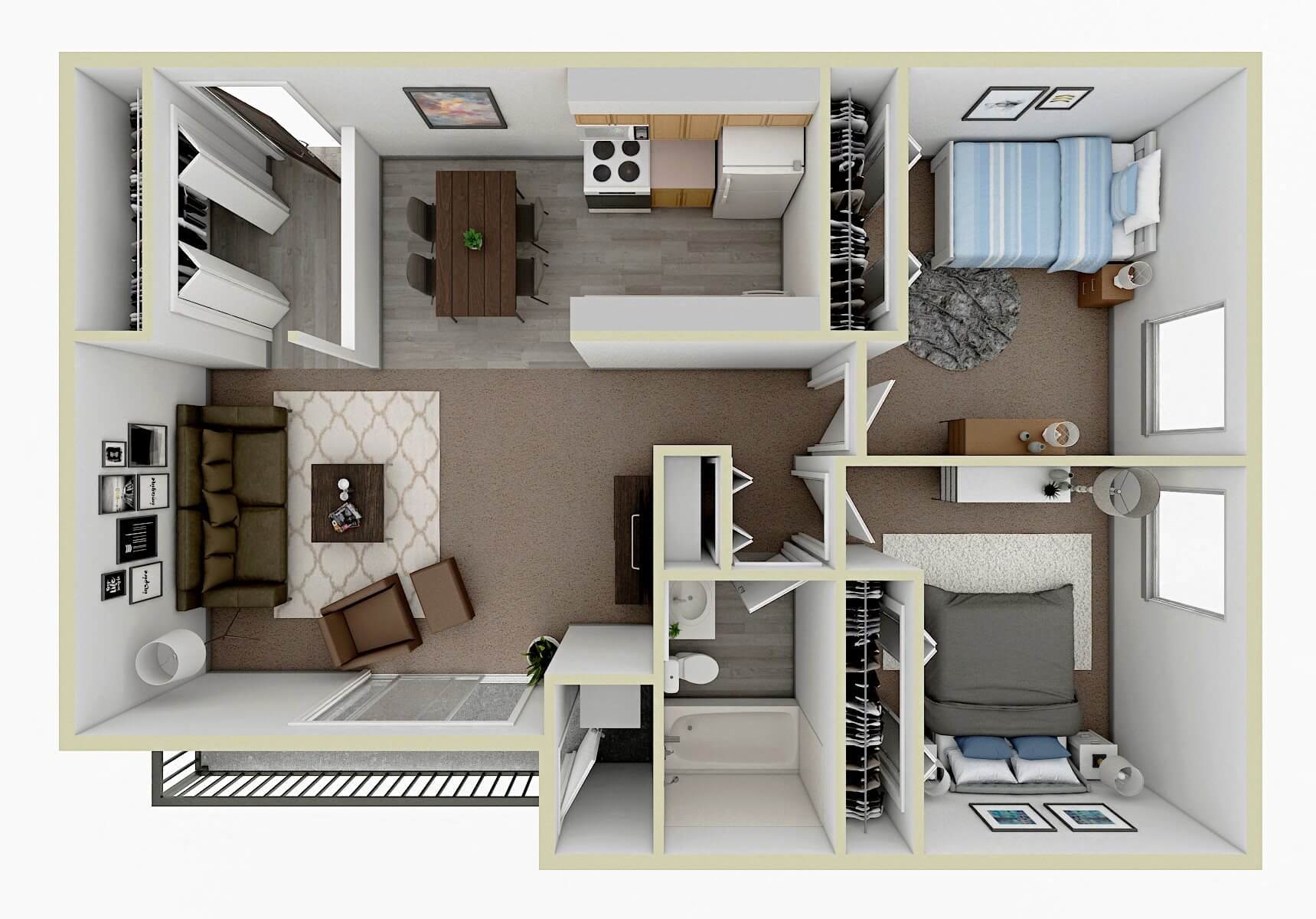 Floor plan for 2 beds, 1 bath, 878 sqft