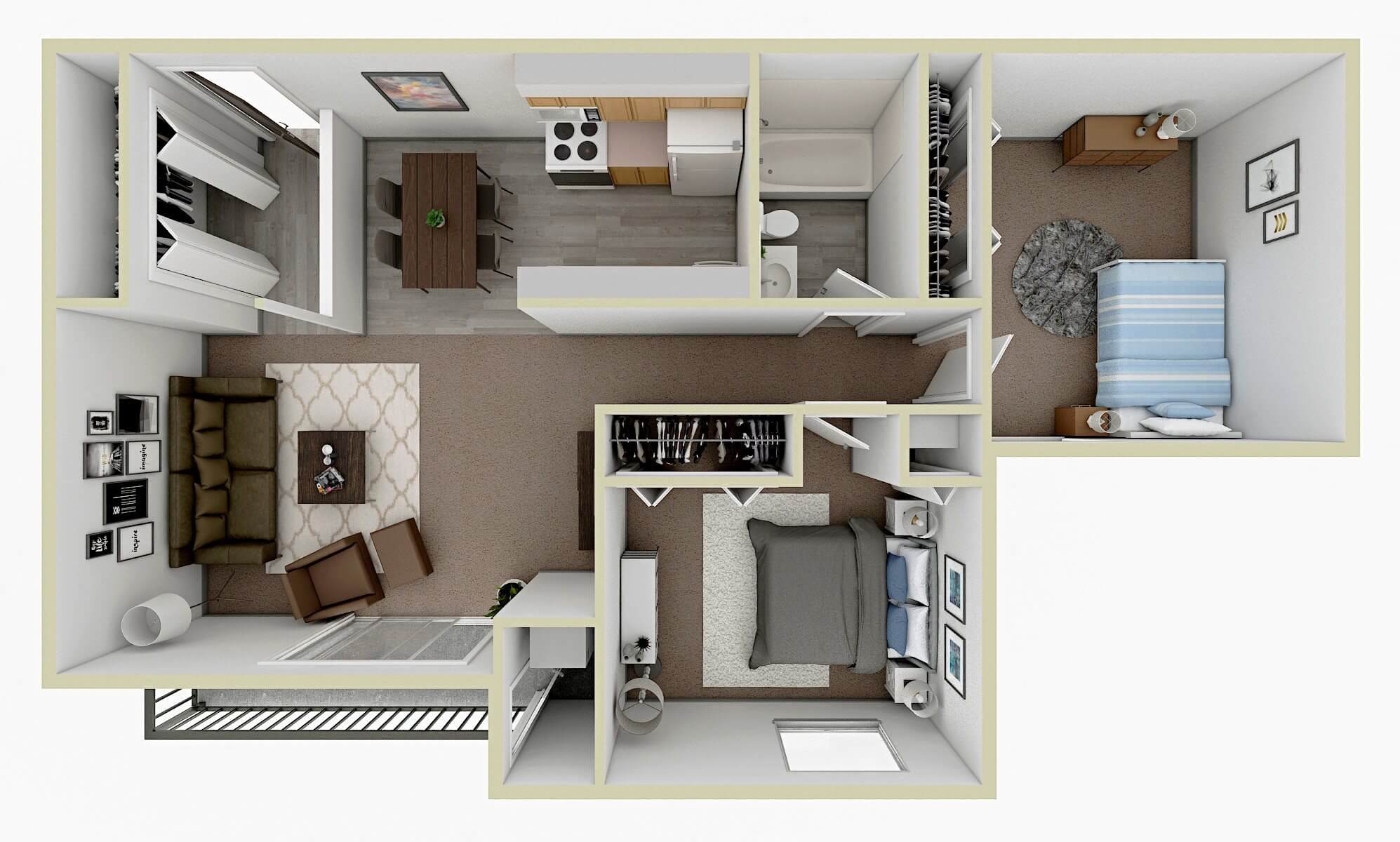 Floor plan for 2 beds, 1 bath, 884 sqft