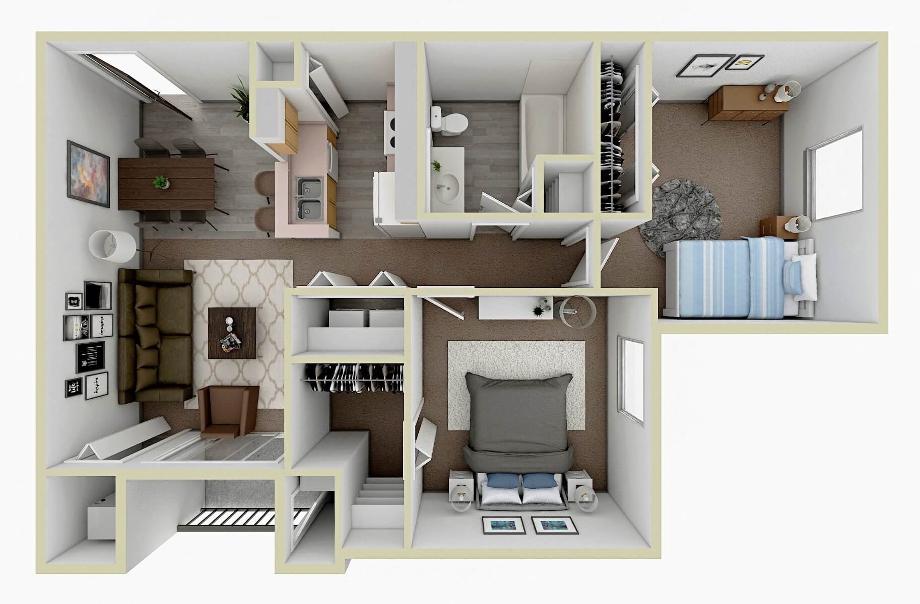 Floor plan for 2 beds, 1 bath, 912 sqft