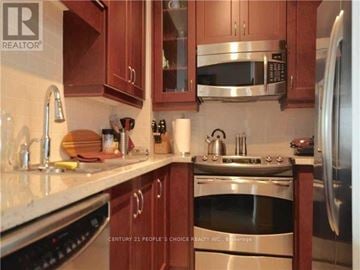 Toronto (High Park-Swansea) condo for rent - A kitchen with brown cabinets and stainless steel appliances.