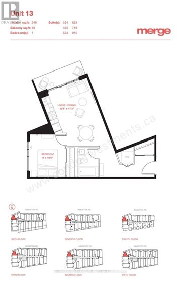 Toronto (Birchcliffe-Cliffside) condo for rent - A floor plan of a three-bedroom apartment with a detailed breakdown of each room.