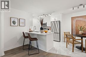 Windsor condo for rent - A kitchen with a white counter and a fridge.