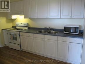 Ottawa condo for rent - A kitchen with white cabinets and a black countertop.