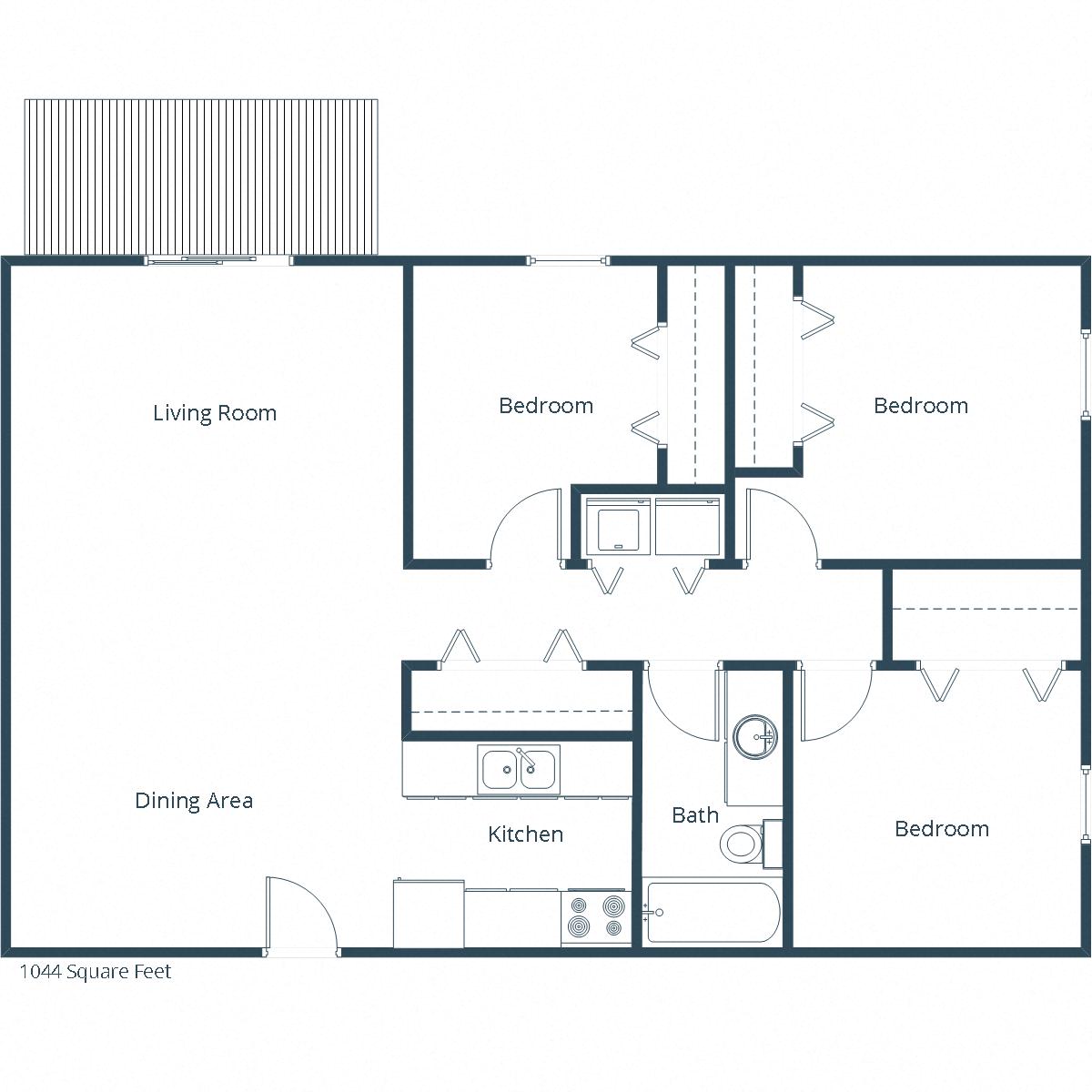 Floor plan for 3 beds, 1 bath, 1044 sqft