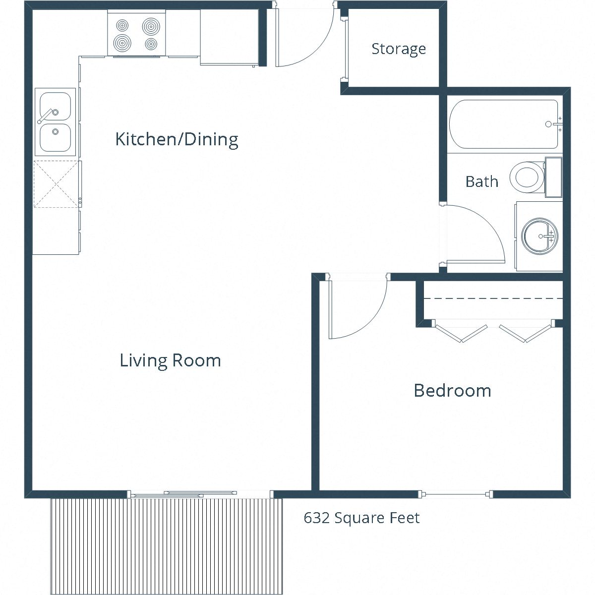Floor plan for 1 bed, 1 bath