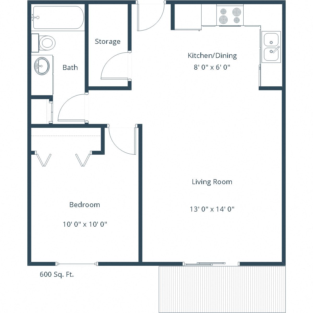 Floor plan for 1 bed, 1 bath, 600 sqft