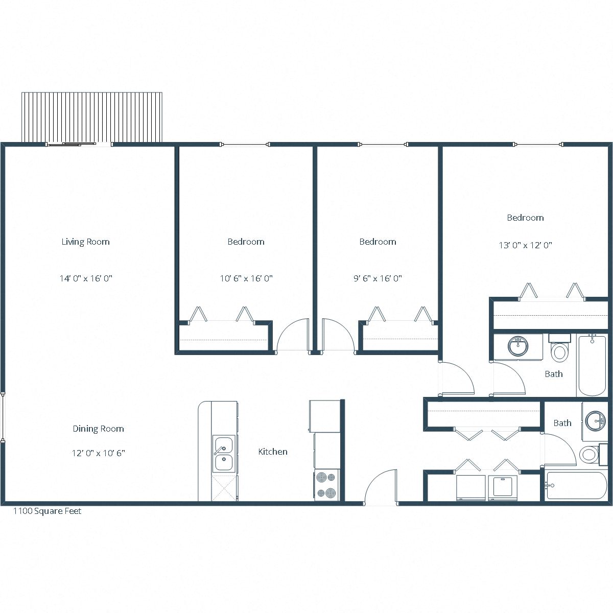 Floor plan for 3 beds, 2 baths, 1100 sqft