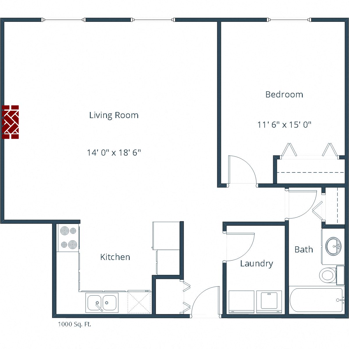Floor plan for 1 bed, 1 bath, 1000 sqft