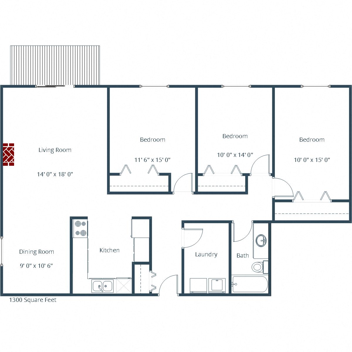 Floor plan for 3 beds, 1 bath, 1300 sqft
