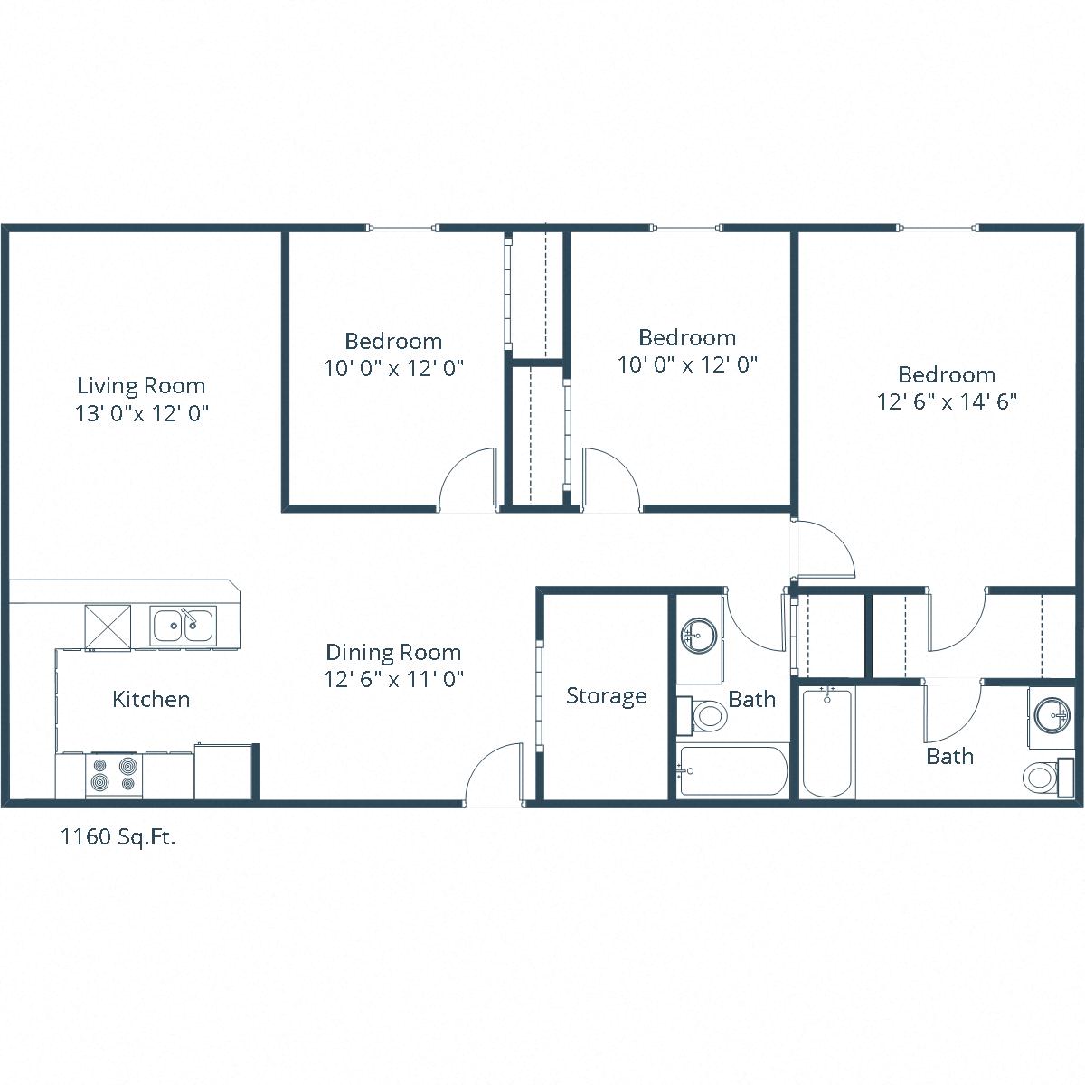 Floor plan for 3 beds, 2 baths, 1160 sqft