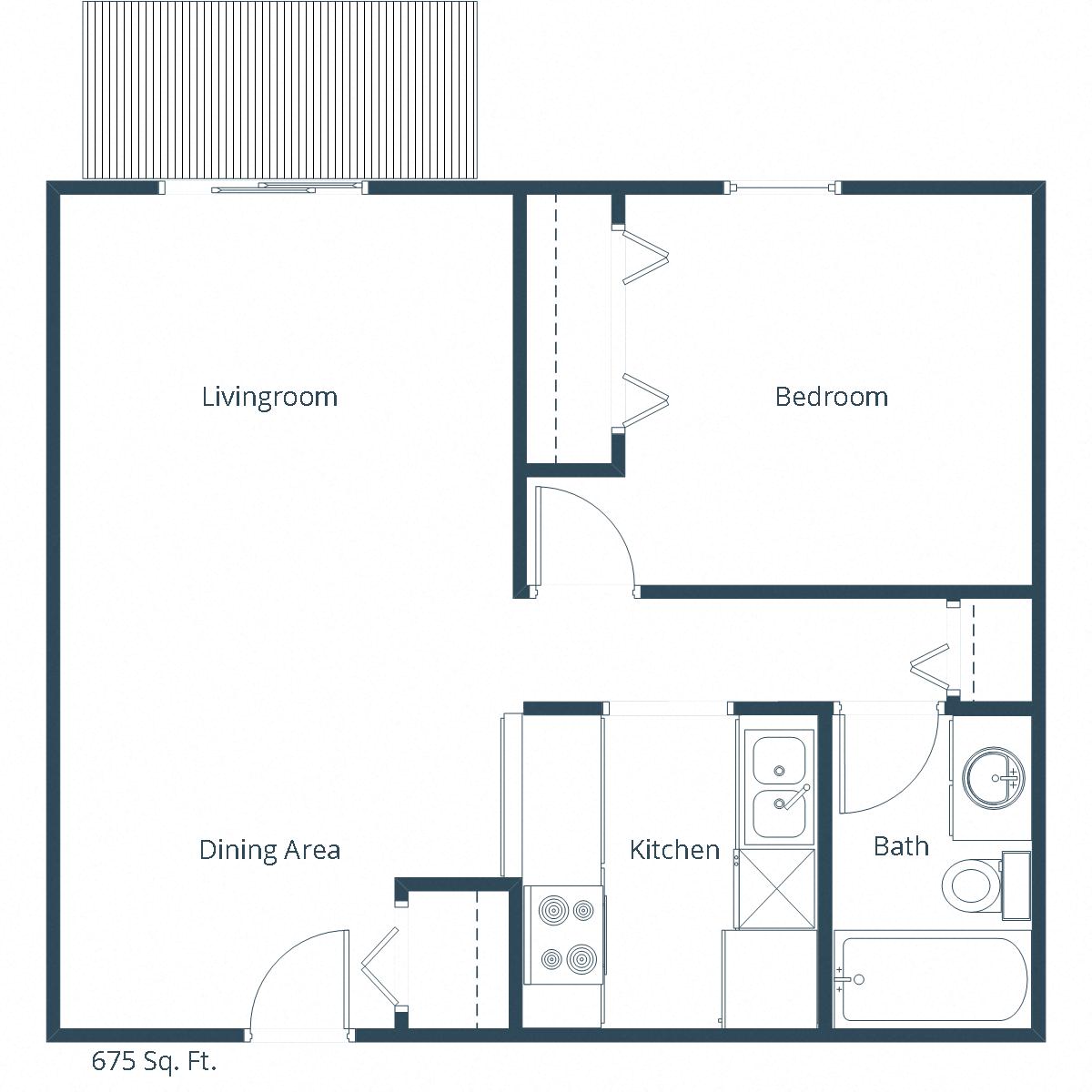 Floor plan for 1 bed, 1 bath, 675 sqft